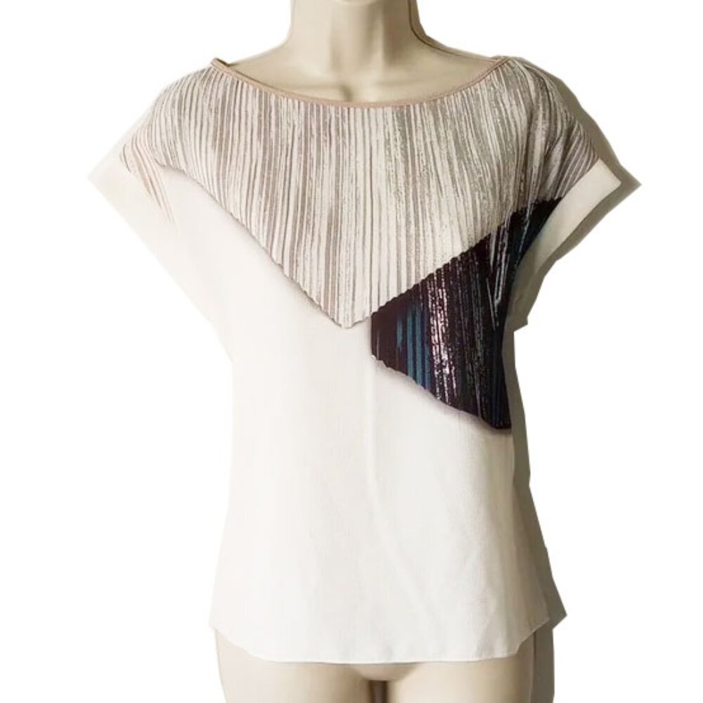 NWT Zara Metallic Accent Top S White Silver Blue  50off3